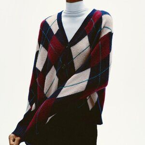 Zara Long Wool Argyle Cardigan Jacket – Navy Blue, Size Large Sustainable Blend